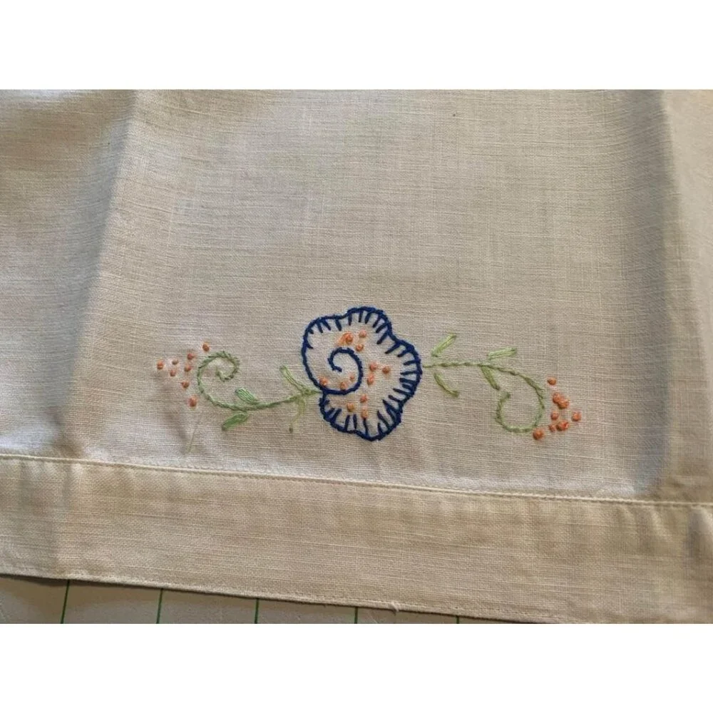 Hand Embroidered Cotton Floral Towel Vintage Cream Blue & Orange Accents